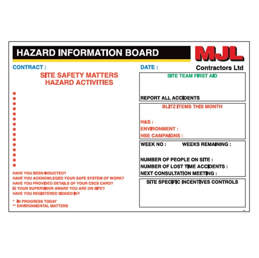 [SI013] MJL HAZARD INFORMATION BOARD FFS 102- 841 X 594MM 3MM COMPOSITE